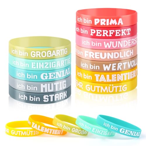 VMUTGA 12 Stück Motivationsarmbänder auf Deutsch mit Inspirierenden, Geschenke Motivierende Silikonarmband, Mehrfarbige Gummiarmbänder, Party Mitgebselfür Kinder, Teenager, Schüler von VMUTGA