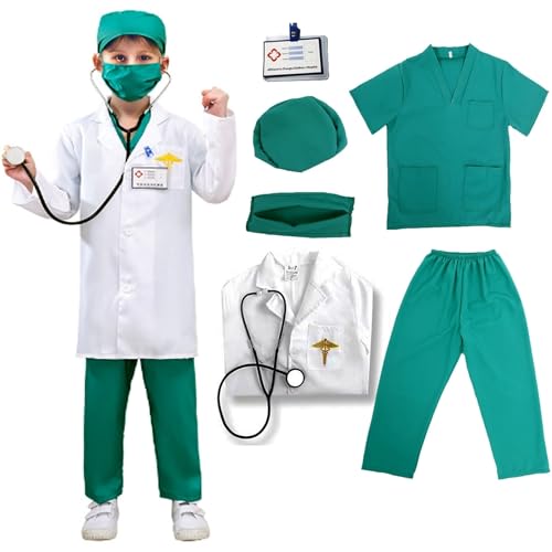 VNNOPG Kinder Arzt Kostüm Ärzte Krankenschwester Outfit Set Kinder Rollenspiel Kostüme Fancy Dress Up Playsets mit Labormantel, Maske und Scrubs Kostüm mit Zubehör(130) von VNNOPG