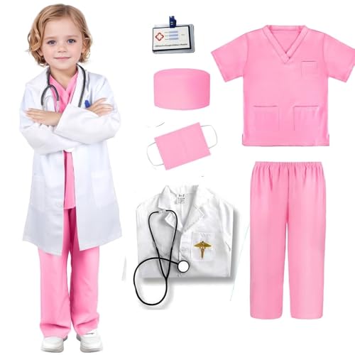 VNNOPG Kinder Arzt Kostüm Ärzte Krankenschwester Outfit Set Kinder Rollenspiel Kostüme Fancy Dress Up Playsets mit Labormantel, Stethoskop, Maske und Scrubs Kostüm,Pink von VNNOPG