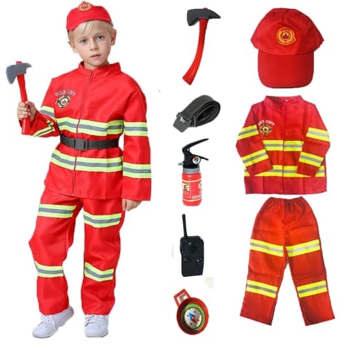 VNNOPG Kinder Feuerwehrmann Kostüm Feuerwehrmann vorgeben Rollenspiel Outfit mit Zubehör Feuerbohrer Bildung Halloween Weihnachten,110 von VNNOPG