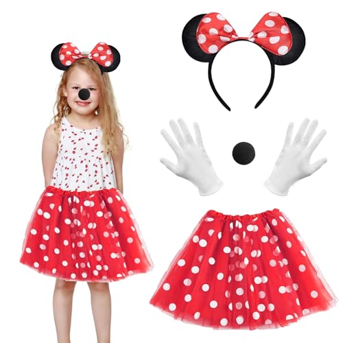 VOCDEMERI Maus Kostüm Mädchen, 4 Stück Maus Kostüm Kinder,Mädchen Maus Karnevalskostüme Set mit Rot Tutu,Haarreifen,Handschuhe,Nase,Cartoon Maus Karnevalskostüme für Fasching Karneval Cosplay Party von VOCDEMERI