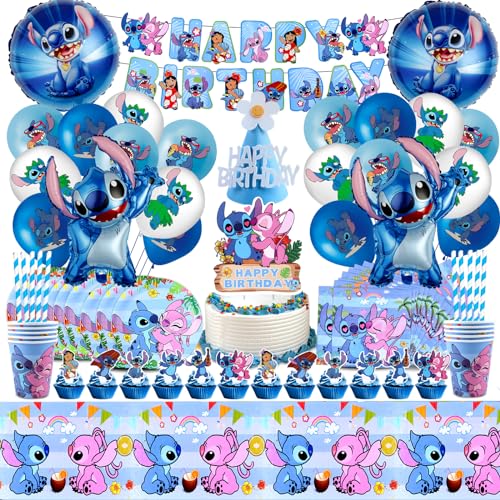 103 Pcs Geburtstagsdeko Luftballon Stitc, Party Geschirrset Kindergeburtstag, Stitc Helium Ballon, Stitc Party Pappteller Und Becher, Deko Torte, Servietten Party, Stitc Tischdecke Geburtstag Deko von VOENCSU