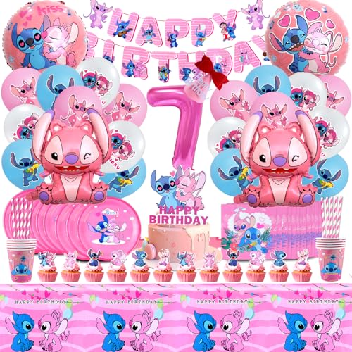 104 Pcs Geburtstagsdeko, PartyGeschirr Kindergeburtstag, Helium Ballon 7, Pappteller Und Becher, Deko Torte, Luftballon Mädchen 7 Jahre von VOENCSU