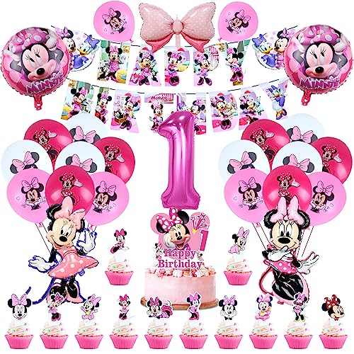 50 Pcs Minnie Geburtstagsdeko, Geburtstagsdeko 1 Jahr Mädchen Mouse Minnie, Helium Luftballon Minnie, Tortendeko Minnie 1. Geburtstag, Banner Happy Birthday, Minnie Party Supplies Set von VOENCSU