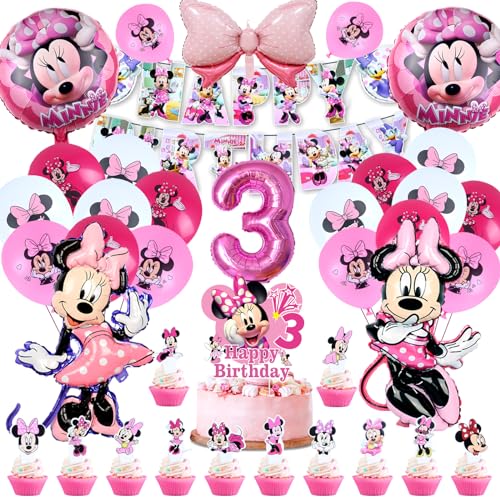 50 Pcs Minnie Geburtstagsdeko mädchen, luftballons minnie 3 jahre, Minnie Latexballon, helium ballon minnie 3 jahre, Minnie Tortendeko, Banner Happy Birthday, Minnie Party Supplies Set von VOENCSU