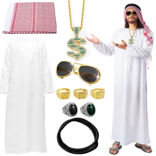 10 Stück Scheich Kostüm Herren, Kostüm Arabischer Scheich Araber Kostüm Weiß Gewand mit Kopftuch, Halskette, Brille, Ring Orient Sultan Kostüm Scheich Araber für Party, Cosplay, Karneval (3XL) von VOHESEA