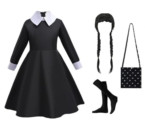 4 Stück Wednesday Kostüm Kinder Set, Wensdey Kostüm Mädchen Schwarz Gothic Kleid Kinder mit Perücke Tasche Socken Kinder Karneval Kostüm Adam Kostüm Mädchen für Karneval Cosplay Halloween Party, 140cm von VOHESEA