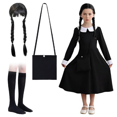 4 Stück Wednesday Kostüm Kinder Set, Wensdey Kostüm Mädchen Schwarz Gothic Kleid Kinder mit Perücke Tasche Socken Kinder Karneval Kostüm Adam Kostüm Mädchen für Karneval Cosplay Halloween Party, 150cm von VOHESEA