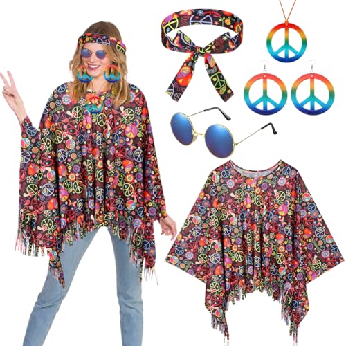 5 Stück Hippie Kostüm Set, Karneval Kostüm Damen Hippie mit Hippie Poncho Damen Frieden Zeichen Halskette Hippie Sonnenbrillen Ohrringe Stirnband, 60er 70er Jahre Bekleidung Accessoires für Damen von VOHESEA