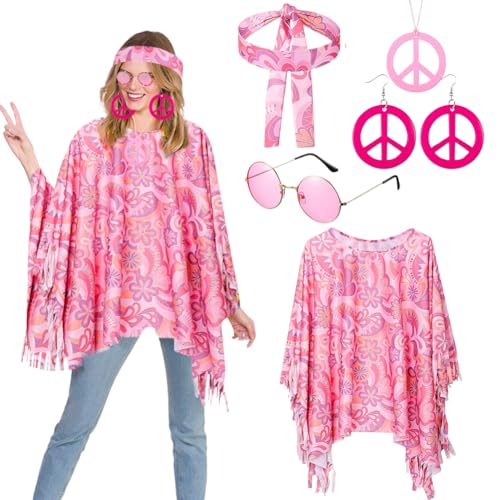 5 Stück Hippie Kostüm Set, Karneval Kostüm Damen Hippie mit Hippie Poncho Damen Frieden Zeichen Halskette Hippie Sonnenbrillen Ohrringe Stirnband, 60er 70er Jahre Bekleidung Accessoires für Damen von VOHESEA