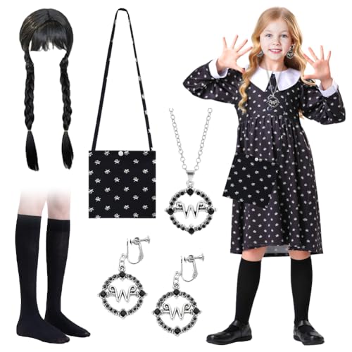 6 Stück Wednesday Kostüm Kinder Set, Wensdey Kostüm Mädchen Schwarz Gothic Kleid Kinder mit Perücke Ohrringe Tasche Socken Halsketten Kinder Karneval Kostüm für Karneval Cosplay Halloween Party, 120cm von VOHESEA