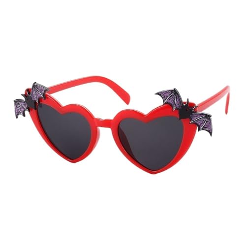 VONCYKI Herzförmige Fledermausflügel-Dekor-Sonnenbrille für Damen, trendiges Herz, Halloween, Disco-Party, Kostüm, Brille (rot) von VONCYKI