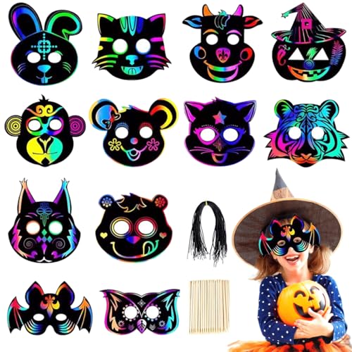 VOPIWOZ 24 Stück Kratzbilder Halloween Masken Kinder, Basteln Halloween kinder Enthält 12 Designs, Ideale Halloween Geschenke Kinder, Kratzbilder für Kinder ab 3 Jahren Halloween Deko Kinder von VOPIWOZ