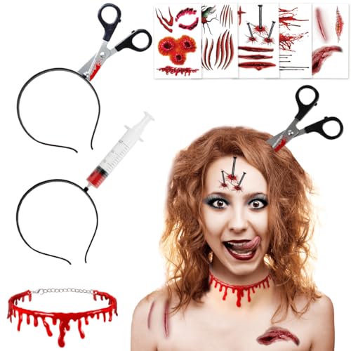 VOPIWOZ 3 Stück Gruselige Halloween Stirnbänder 1 Stück Bluttropfenhalsband plus 5 Narbenaufkleber Halloween Dekorationen Halloween Schminkzubehör Maskierung von VOPIWOZ