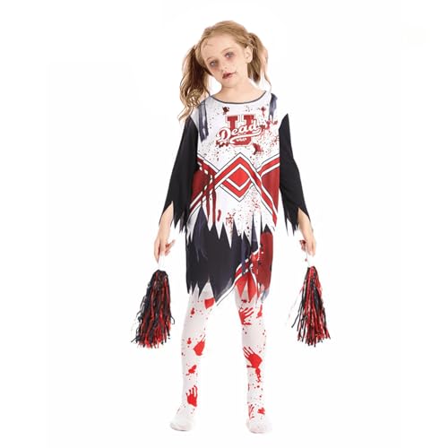 VOPIWOZ Halloween Cheerleader Kostüm Kinder Set Zombie Kostüm Mädchen Mit Cheerleader Pompons und Blutbefleckten Strümpfen, Zombie Cheerleader Kostüm Mädchen Geeignet für Kinder von 5-11 Jahren(L) von VOPIWOZ