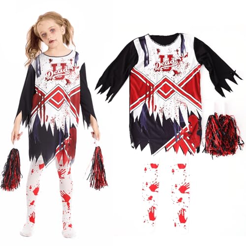 VOPIWOZ Halloween Cheerleader Kostüm Kinder Set Zombie Kostüm Mädchen Mit Cheerleader Pompons und Blutbefleckten Strümpfen, Zombie Cheerleader Kostüm Mädchen Geeignet für Kinder von 5-11 Jahren(M) von VOPIWOZ