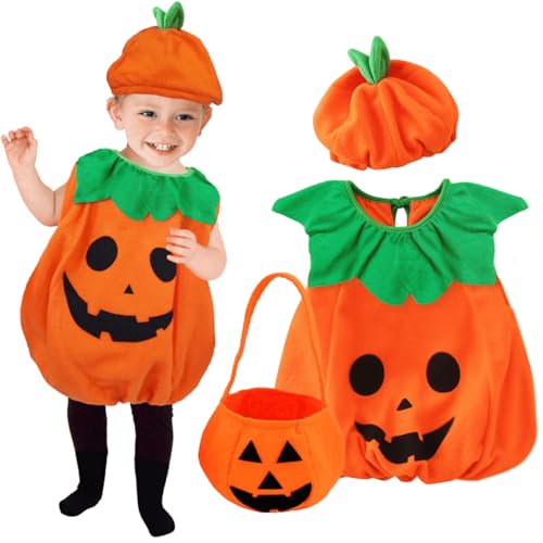 VOPIWOZ Halloween Kostüm Kinder Kürbis mit Bonbontüte und Hut Faschingskostüme Kinderfür Mädchen Junge, Halloween Kinder Kostüme Baby Kürbis Kostüm für 3-10 Jährige (M) von VOPIWOZ