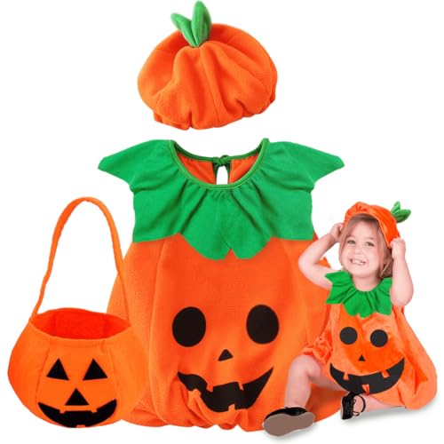 VOPIWOZ Halloween Kostüm Kinder Kürbis mit Bonbontüte und Hut Faschingskostüme Kinderfür Mädchen Junge, Halloween Kinder Kostüme Baby Kürbis Kostüm für 3-10 Jährige (M) von VOPIWOZ