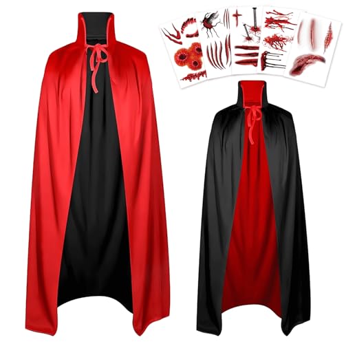 VOPIWOZ Halloween Kostüm Vampir Enthält 5 Narben Tattoo Halloween, Vampir Umhang Kinder und Erwachsene für Halloween und Karneval, Rot und Schwarz Wendbar Vampirumhang(140cm) von VOPIWOZ