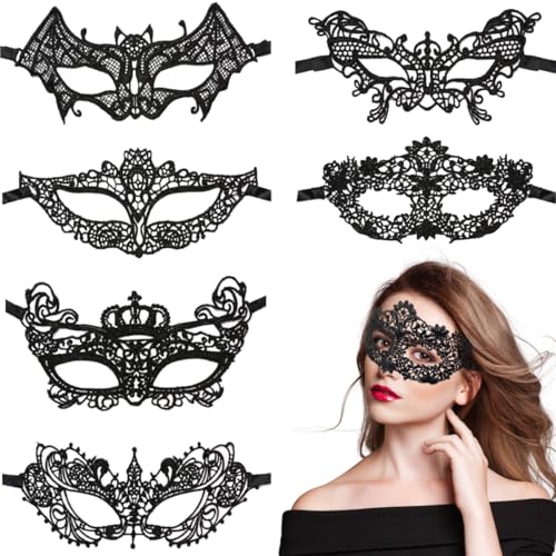 VOPIWOZ Halloween Maske Damen, 6 Pcs Spitzenmaske Schwarz Damen, Venezianische Maske Damen Spitze, Halloween Augenmaske Aus Spitze Ideal für Maskenball, Halloween und Fasching von VOPIWOZ