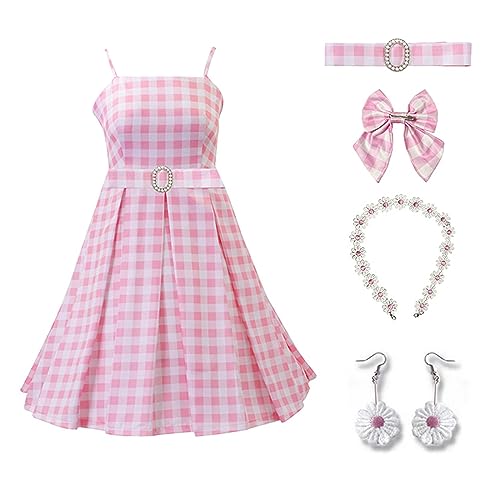 VORAE 2023 Cosplay Kostüm Frauen Mädchen Rosa Plaid Kleid Rock Haar Schleife Gänseblümchen Halskette Ohrringe Set Halloween Anzug (150) von VORAE