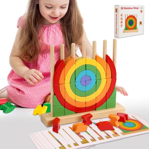 VORHOT 3D Regenbogen-Ringe Puzzle aus Holz, Motorikspielzeug mit 54 stück Bunte Bausteine und Rahmen, Montessori Spielzeug, Gehirn Lernspielzeug, Geschenk für Kinder Mädchen Junge 3 4 5 6 Jahre von VORHOT