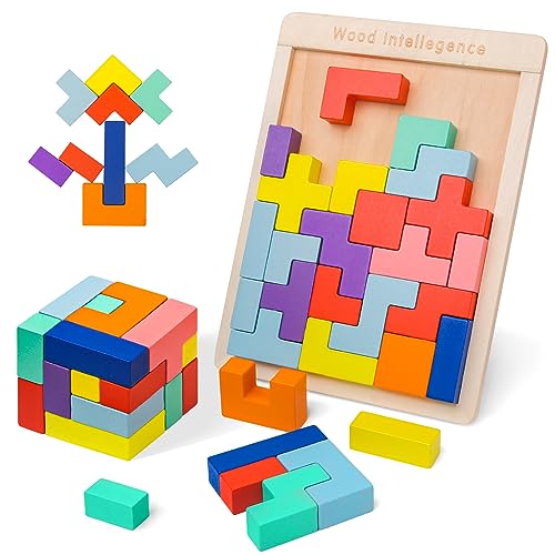 VORHOT Tetris 3D-Puzzle aus Holz, für Kinder, Intelligenz, Puzzle, mit 30 bunten russischen Blockformen, Montessori Puzzle 3 4 5 Jahre, Gehirn mit Kopf, STEM, Lernspiele, Geschenk für Jungen und von VORHOT