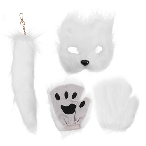 VOSAREA 1 Satz Fuchs-masken-set Fuchsschwanz Kostüm Damen Flauschiger Maskenfuchs Maskerade Fuchsmaske Fuchs Cosplay Pelziger Wolf Kostüm Halloween-maske Fuchsschwänze Stoff Weiß von VOSAREA