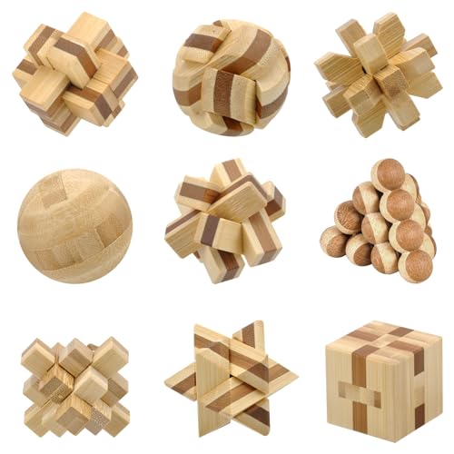 9 Stück Knobelspiele Holz, 3D Puzzle Brainteaser Denkspiel Set Holzpuzzel Geduldspiele IQ Spiele für Erwachsene Kinder Geschicklichkeitsspiel Holz Logik Geist Spielzeug von VOSSOT