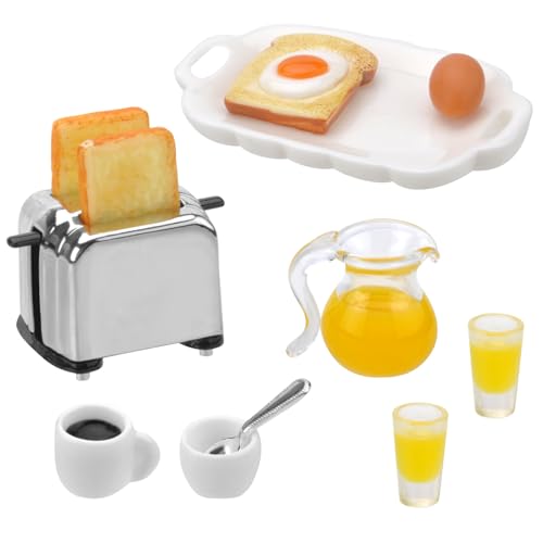 Miniatur Zubehör Frühstück, Mini Puppenhaus Zubehör Wichtel Zubehör, Puppengeschirr Porzellan, Miniatur Küche Mini Essen Mini Toastmaschine Brot Eier Kaffee Tassen Teller Löffel für Puppenhaus Küche von VOSSOT