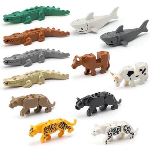 Tiere Minifiguren Bausteine Bausatz, 12 Stück Dschungel Zoo Tierbaustein Bausatz für Kinder, Krokodil Leopard Hai Bär Kuh Tiger Bausteine Modellfiguren, DIY Tier Themed Sammlung Ziegel Spielzeug von VOSSOT