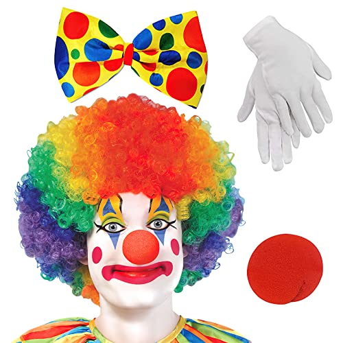 VOSSOT Clown Kostüm Accessoire, Clown Kostümzubehör, Clown Lockenperücke + Clownsnase + Bunte Krawatte + Handschuhe, Geeignet für Ostern, Arty Event, Karnevals Kostüm Cosplay von VOSSOT