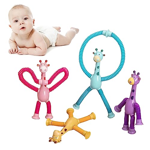 VOSSOT Teleskop Giraffenspielzeug mit Saugnapf, 4 Stück Sensorisches Spielzeug Saugnapf Spielzeug Giraffe, Sensorische Stretch Röhren Bunte Pädagogisches Stressabbau Giraffe Spielzeug (Kein Licht) von VOSSOT