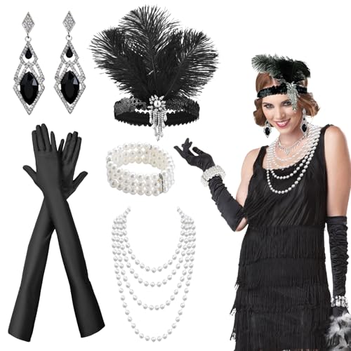 VPB 20er Jahre Accessoires Damen,1920 Zubehör Set Great Gatsby Party Kostüme Set mit Stirnband,Armband,Handschuhen,Halskette,Ohrringe für Karneval Halloween von VPB