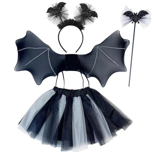 VRMSTOY Kostüm Kinder Mädchen, 4 Stück Fledermaus Kostüm Mädchen, Fledermausflügel Tutu für Halloween, Haareif+Tutu Rock+Flügel & Zauberstab, Fasching, Halloween, Mottoparty, Vampir Cosplay Party von VRMSTOY