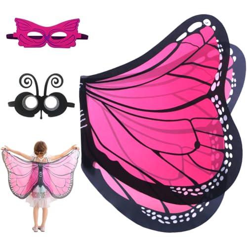 VRMSTOY Schmetterling Kostüm Kinder, 3 Stück Schmetterlingsflügel, Schmetterling Umhang für Karneval, Butterfly Wings Mit Bunter Maske, Für Cosplay, Fasching, Faschingsball von VRMSTOY