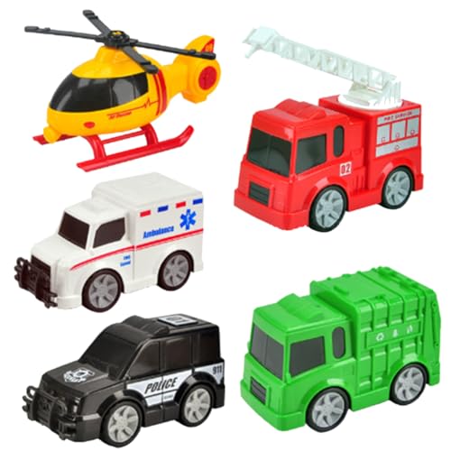 VROLUVTQ 5 Spielzeug Set,Flugzeug Feuerwehrauto Polizeiautos, Krankenwagen,Müllwagen,Feuerwehrautos, Hubschrauber,Kleinkind Auto Spielzeug,Stadtfahrzeug Spielzeug Geburtstagsgeschenke von VROLUVTQ