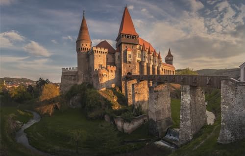 Holzpuzzle für Erwachsene und Kinder, 1000-teiliges Puzzle, Burg, Rumänien, Siebenbürgen, Burg Corvin, Fluss Cerna, 38 x 26 cm von VRYOP