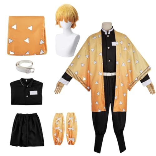 VSOVO Anime Demon Slayer Agatsuma Zenitsu Cosplay Kostüm Outfit Halloween Party Kimono Uniform Mit Perücke (Zenitsu,L) von VSOVO