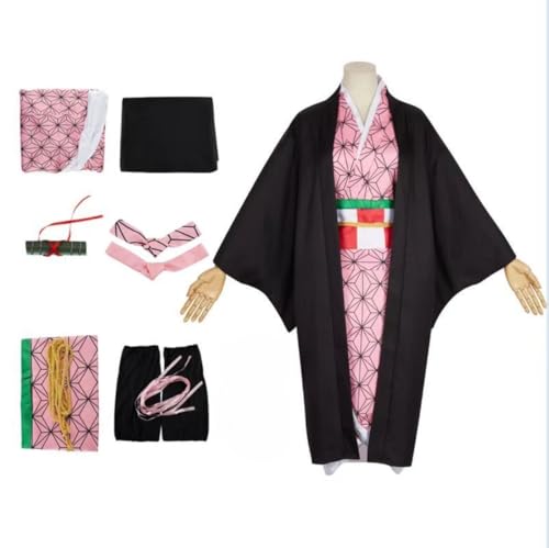 VSOVO Anime Demon Slayer Kamado Nezuko Cosplay Kostüm Halloween Outfit Party Kimono Uniform Full Set (Full Set,L) von VSOVO