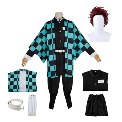 VSOVO Anime Demon Slayer Kamado Tanjirou Cosplay Kostüm Outfit Halloween Party Kimono Uniform Mit Perücke (Full Set,L) von VSOVO