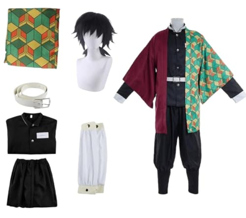 VSOVO Anime Demon Slayer Tomioka Giyuu Cosplay Outfit Halloween Party Kimono Uniform Mit Perücke Full Set (Full Set,L) von VSOVO