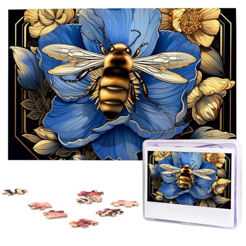 Bee on Blue Flower Puzzles, 1000 Teile, personalisiertes Puzzle mit Aufbewahrungstasche, Foto-Puzzle für Fotos, anspruchsvolles Bilderpuzzle für Familie, Heimdekoration, Puzzle (74,9 x 50 cm) von VTCTOASY