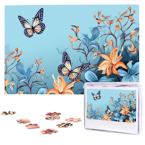 Blaues Schmetterlings-Blumen-Puzzle, 1000 Teile, Holz-Puzzle, personalisiertes Bild, Puzzle, individuelle Puzzles für Erwachsene, Hochzeit von VTCTOASY