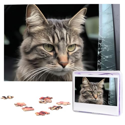 Cat Smashes Glass in car Jigsaw Puzzle 1000 Piece Wooden Jigsaw Puzzles Personalized Picture Puzzle Custom Jigsaw Puzzles for Adult Wedding von VTCTOASY