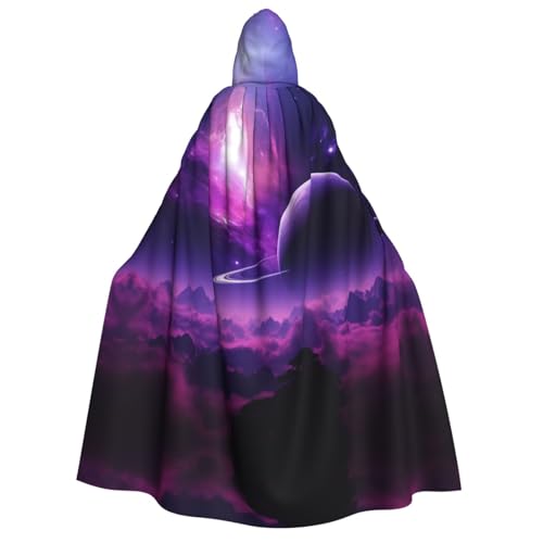 Lila Fantasy Mystic Planet Print Kapuzenumhang Umhang Zauberer Tunika Halloween Umhang Cosplay Kostüm für Damen, Schwarz, Einheitsgröße von VTCTOASY