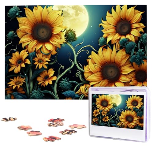 Mondschein-Sonnenblumen-Muster, Puzzle, 1000 Teile, Holzpuzzle, personalisiertes Bild, Puzzle, individuelle Puzzles für Erwachsene und Hochzeiten von VTCTOASY