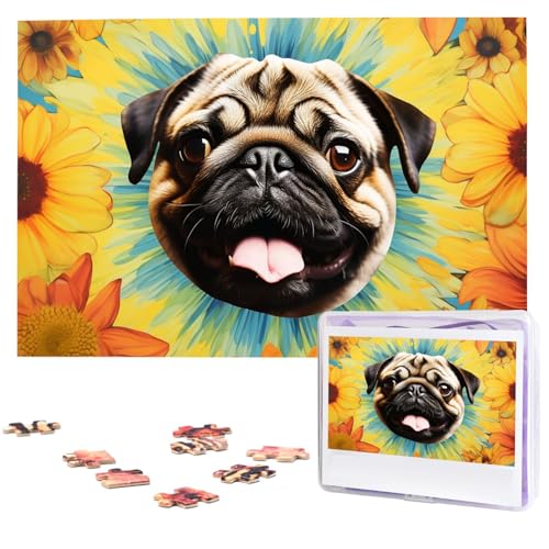 Mops Batik-Sonnenblumen-Puzzle, 1000 Teile, Holz-Puzzle, personalisiertes Bild, Puzzle, benutzerdefinierte Puzzles für Erwachsene, Hochzeit von VTCTOASY