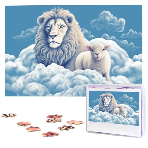 Puzzle Lamm mit Löwe auf den Wolken, 1000 Teile, personalisiertes Puzzle mit Aufbewahrungstasche, Foto-Puzzle für Fotos, anspruchsvolles Bilderpuzzle für Familie, Heimdekoration, Puzzle (74,9 x 50 cm) von VTCTOASY