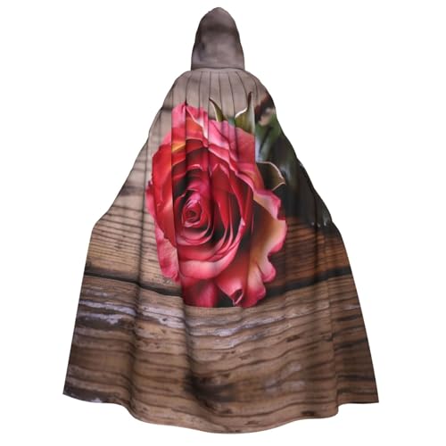 Rose on Old Wooden Board Print Hooded Cloak Cape Wizard Tunic Halloween Cloak Cosplay Costume for Women, Black, One Size von VTCTOASY